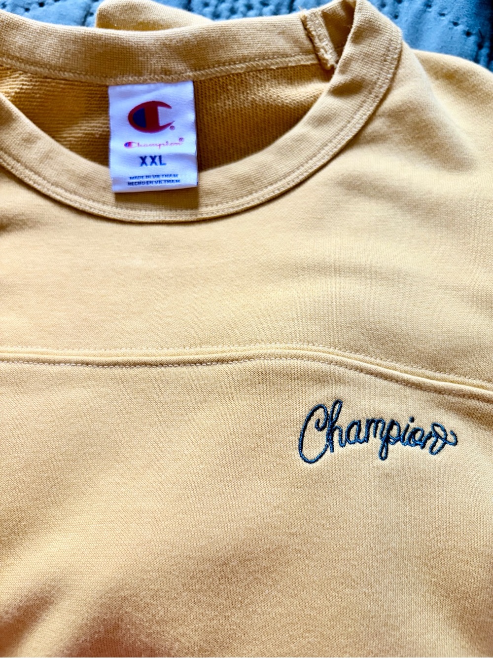 Champion Script Logo Mustard Yellow Striped Trim Crewneck Sweatshirt XXL - Picture 3 of 5
